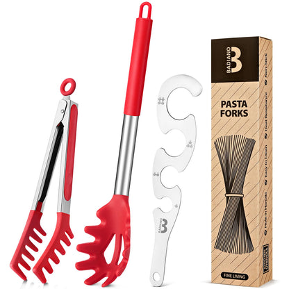 Silicone Spaghetti Spoon & Pasta Tong With Pasta Measurer, 3 Pack of Non-Stick Stainless Steel Handle Pasta Fork Set with Teeth, Food Clip for Easy Serving of Noodles (RED)