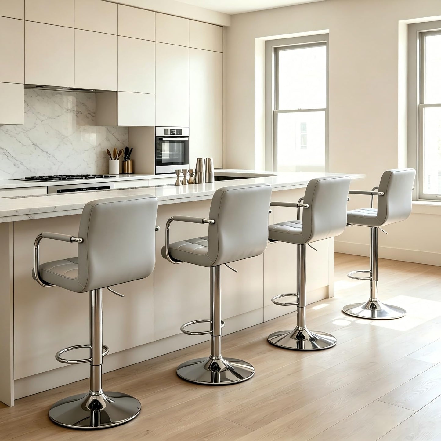 OLIXIS Swivel Bar Stools Set of 4, PU Leather Upholstered Bar Chairs with Back & Armrests, Adjustable Counter Height Stools with Metal Legs for Kitchen Island, Home Bar, Pub, Light Grey