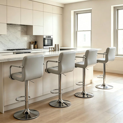 OLIXIS Swivel Bar Stools Set of 4, PU Leather Upholstered Bar Chairs with Back & Armrests, Adjustable Counter Height Stools with Metal Legs for Kitchen Island, Home Bar, Pub, Light Grey