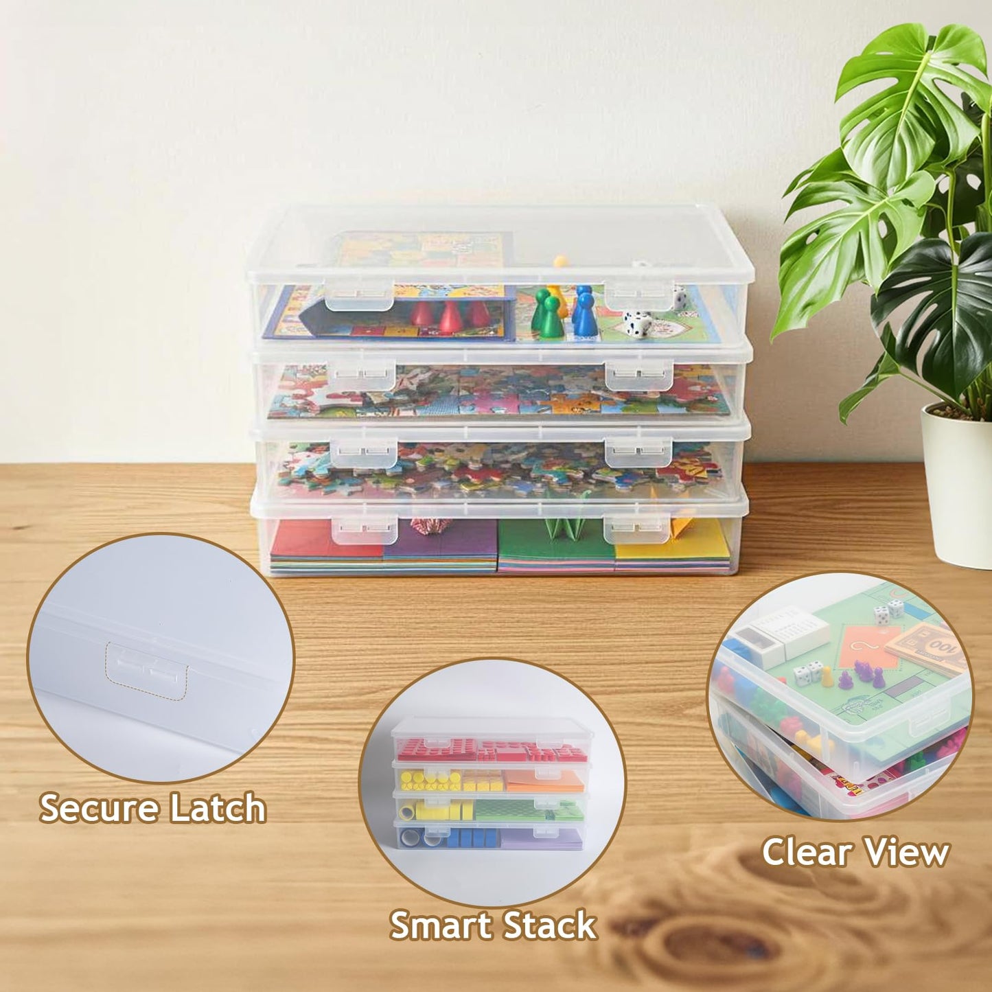 Board Game Storage, 3 Pack Stackable Board Game Storage Containers with Snap Tight Latch Lid, Portable Plastic Case Bin Storage Box for Games Puzzle Magazine A4 Paper Craft Hobby