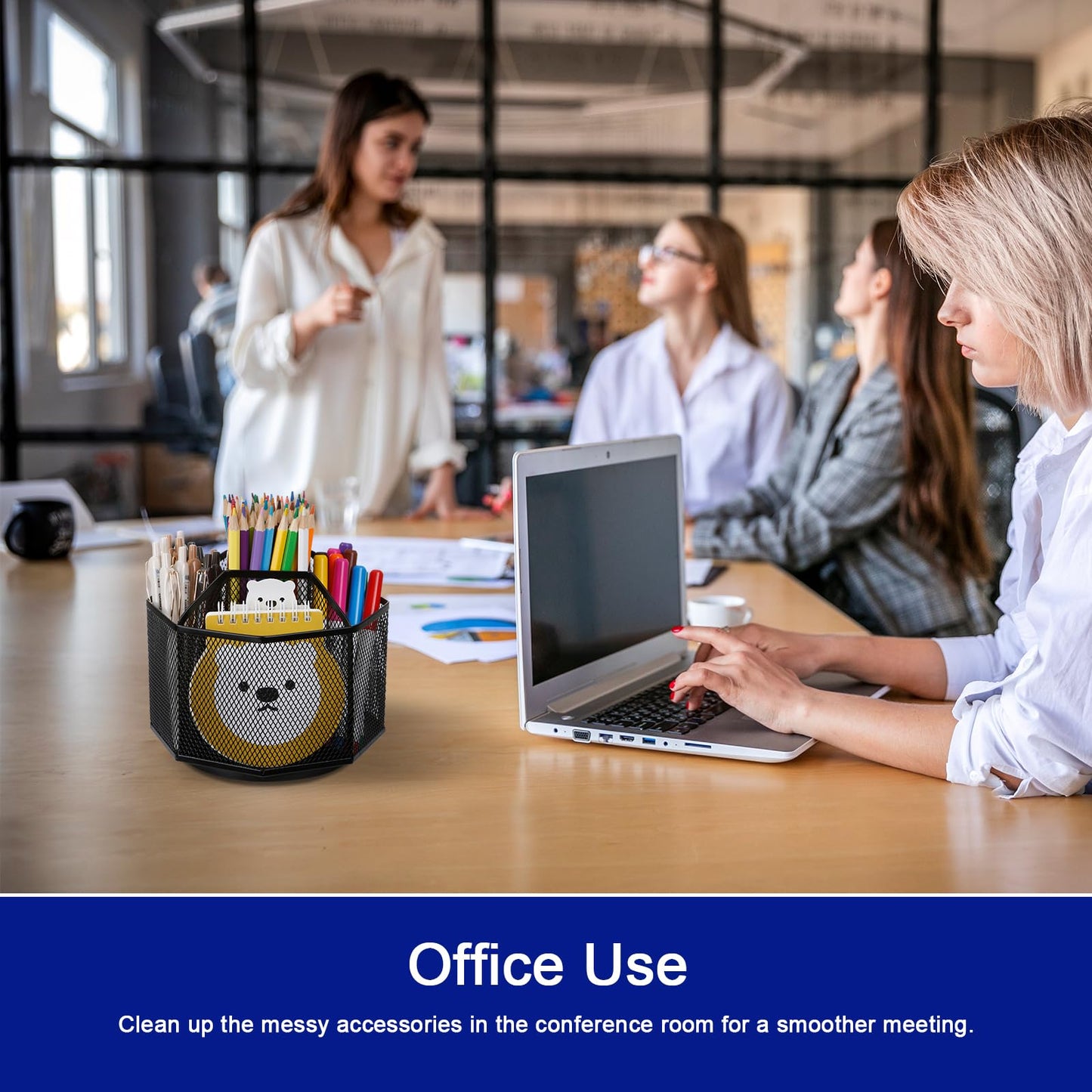 Comix 360° Rotating Pen Holder for Desk, 5 Compartments Office Desk Organizer, Black Mesh Metal Pencil Holder Cup for Office Home School