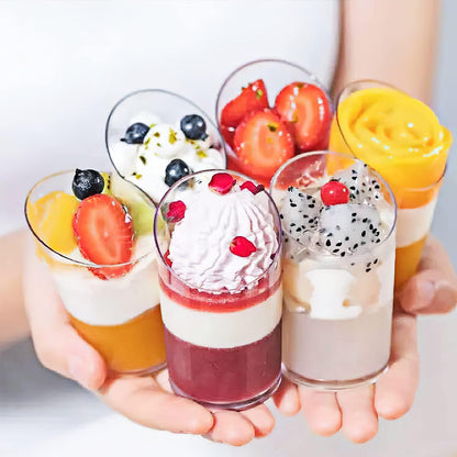 Zezzxu Mini Dessert Cups with Spoons 50 Pcs, 2.2 oz Plastic Small Dessert Shotter Cups Slanted Appetizer Cups for Serving Mousse Pudding Triffle, Serves 25