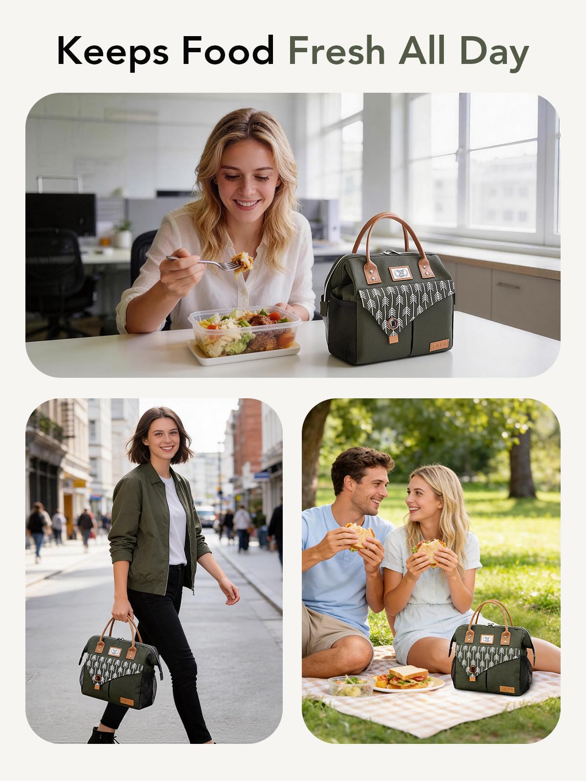 Lekesky Insulated Lunch Bag Portable Lunch Box for Office Work Picnic Beach Workout Reusable Tote Lunch Bag Organizer for Women Adult, Green