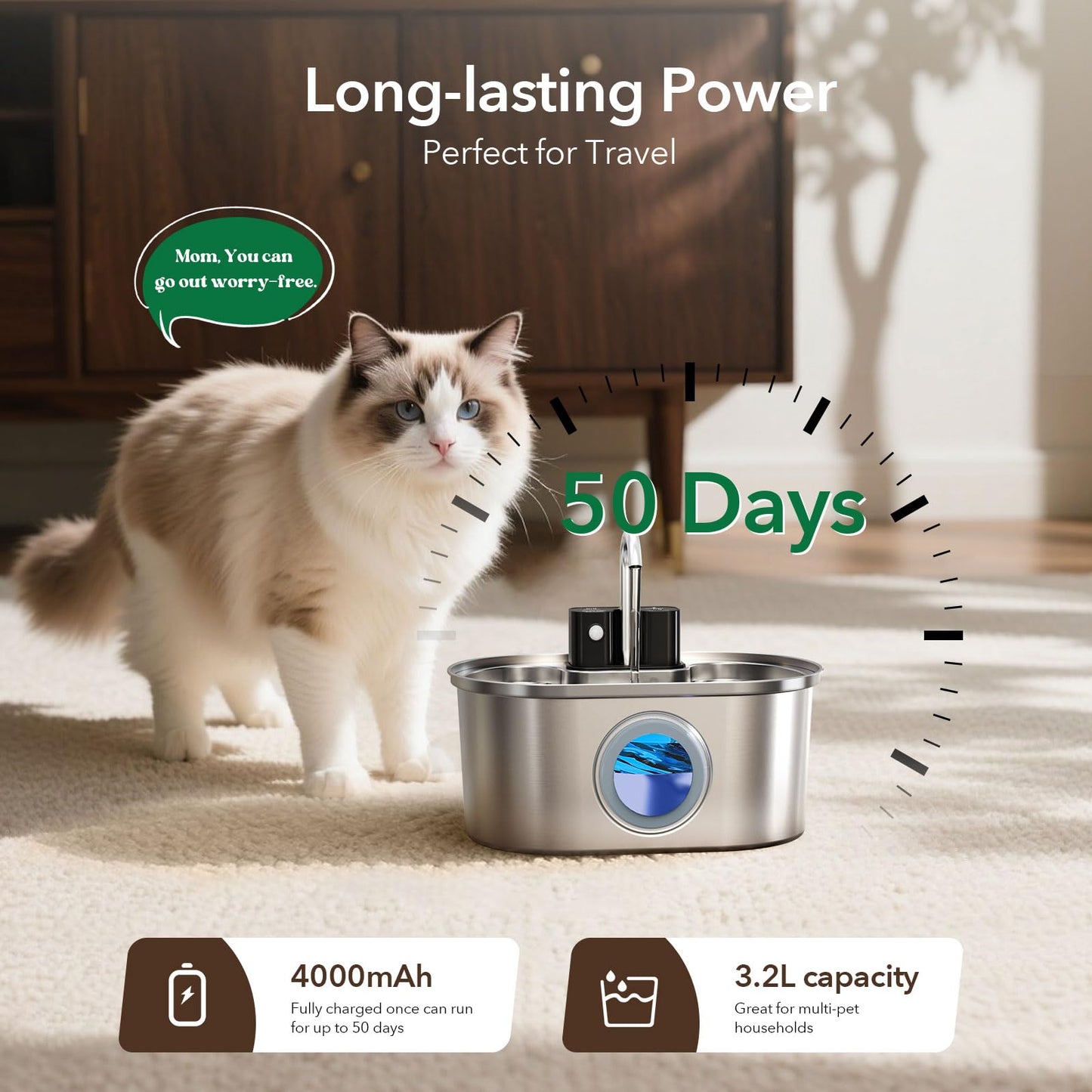 Cat Water Fountain Stainless Steel 108oz/3.2L:Battery Operated Wireless Cat Fountains for Drinking Indoor, Automatic Pet Water Dispenser with Ultra Quiet Pump,Multi-Filtration,Easy Clean BPA-Free
