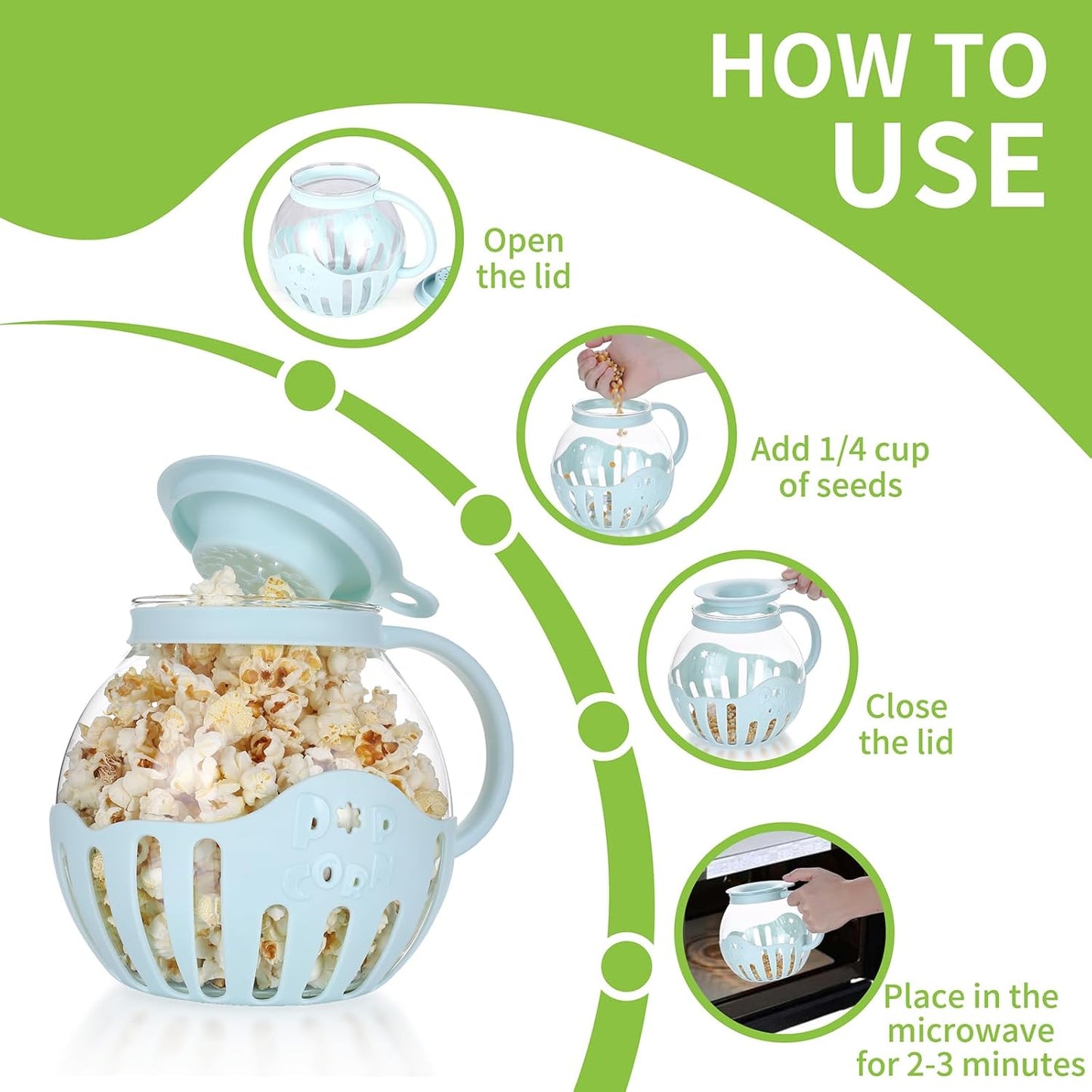 MMUGOOLER Glass Microwave Popcorn Popper, 2.25QT Original Popcorn Jar with Silicone Lid, Blue