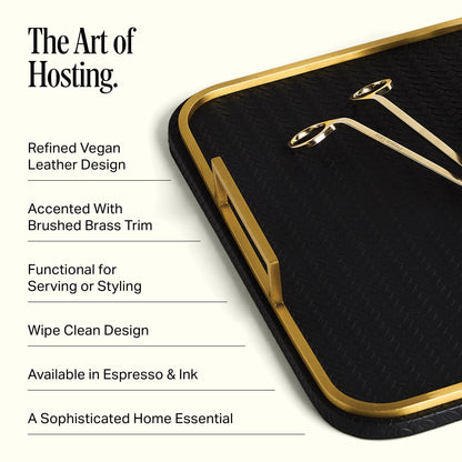 Preston Lane Mayfair Decorative Tray – Vegan Leather with Woven Texture, Brushed Brass Handles – Serving, Dresser & Coffee Table Tray, Ink 12.8 x 12.8 x 1