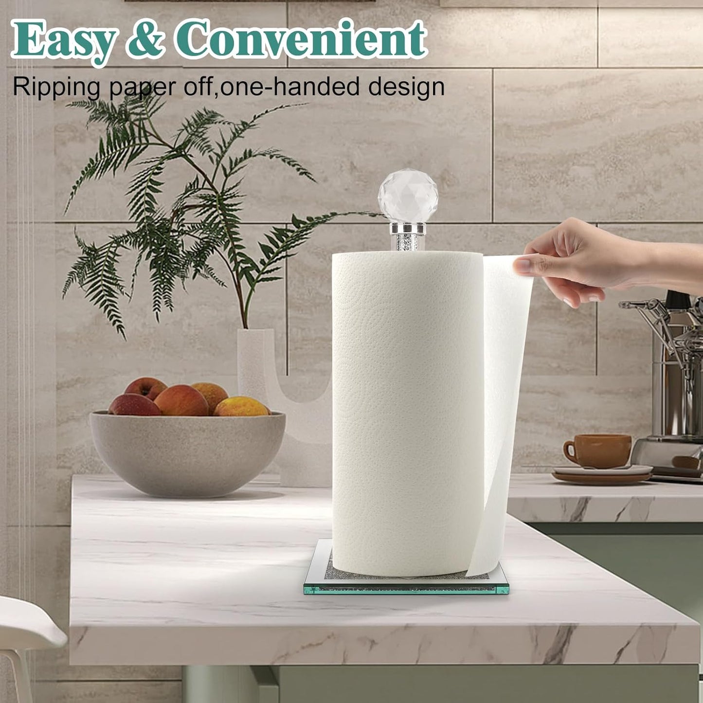 Ulable Counter Bling Silver Paper Towel Holder Stand with Square Base, Toilet Roll Filled with Crystal Paper Towel