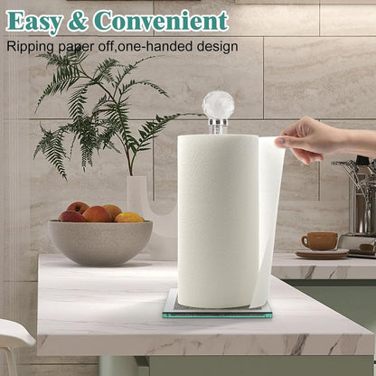 Ulable Counter Bling Silver Paper Towel Holder Stand with Square Base, Toilet Roll Filled with Crystal Paper Towel