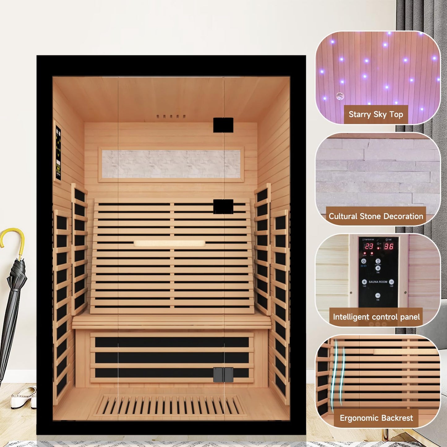 OUTEXER 2 Person Infrared Sauna Room Far Infrared Saunas Home Canadian Hemlock Indoor 2100W Low-EMF Dry Saunas with Oxygen Bar 7 Color Therapy 53.1 * 47.2 * 74.8inch