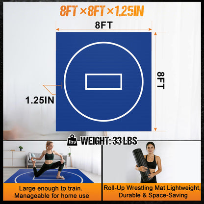 GianToucan Wrestling Mat for Home, ８’x ８’x 1.25” Grappling Mat for Wrestling, MMA, BJJ, Jiu Jitsu, Judo, Gym, Roll-Up Wrestling Practice Mat for Kids & Adults，Easy to Clean Indoor/Outdoor, Blue