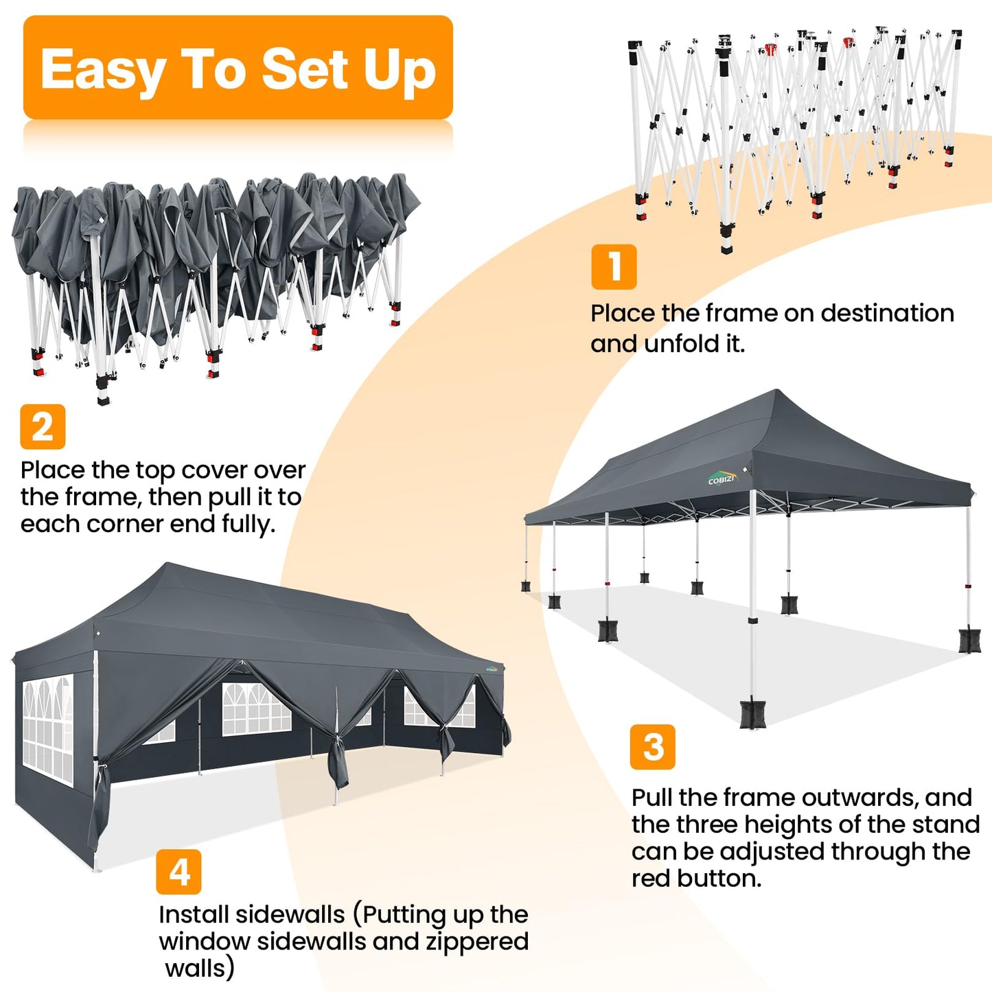 COBIZI 10x30 Pop up Canopy with Roller Bag & 8 Removable Sidewalls, Canopy Tent for Parties, Wedding, and Commercials, Waterproof and Instant Shelter UV50+ Outdoor Gazebo with 4 Sandbags(Gray)