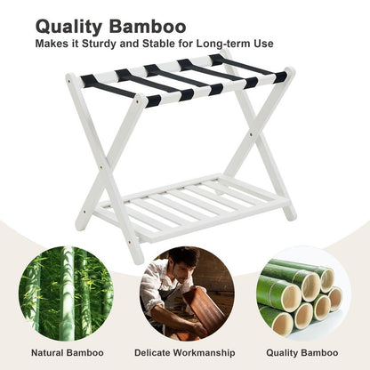 oakvivo Fully Assembled Luggage Racks Pack of 2, Upgraded Bamboo Foldable Suitcase Stand with 5 Nylon Straps, 26.77" Thickened Luggage Stand Holder with Shelf for Guest Room Bedroom Hotel, White