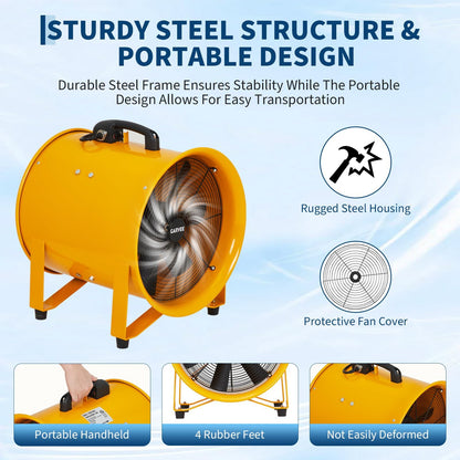 Garvee 12 Inch Heavy Duty Utility Blower Fan, 3500 CFM High Velocity Portable Industrial Exhaust Fan, with 32.8ft Vinyl Hose - Ideal for Crawl Spaces, Attics, Basements, Workshops, Garage
