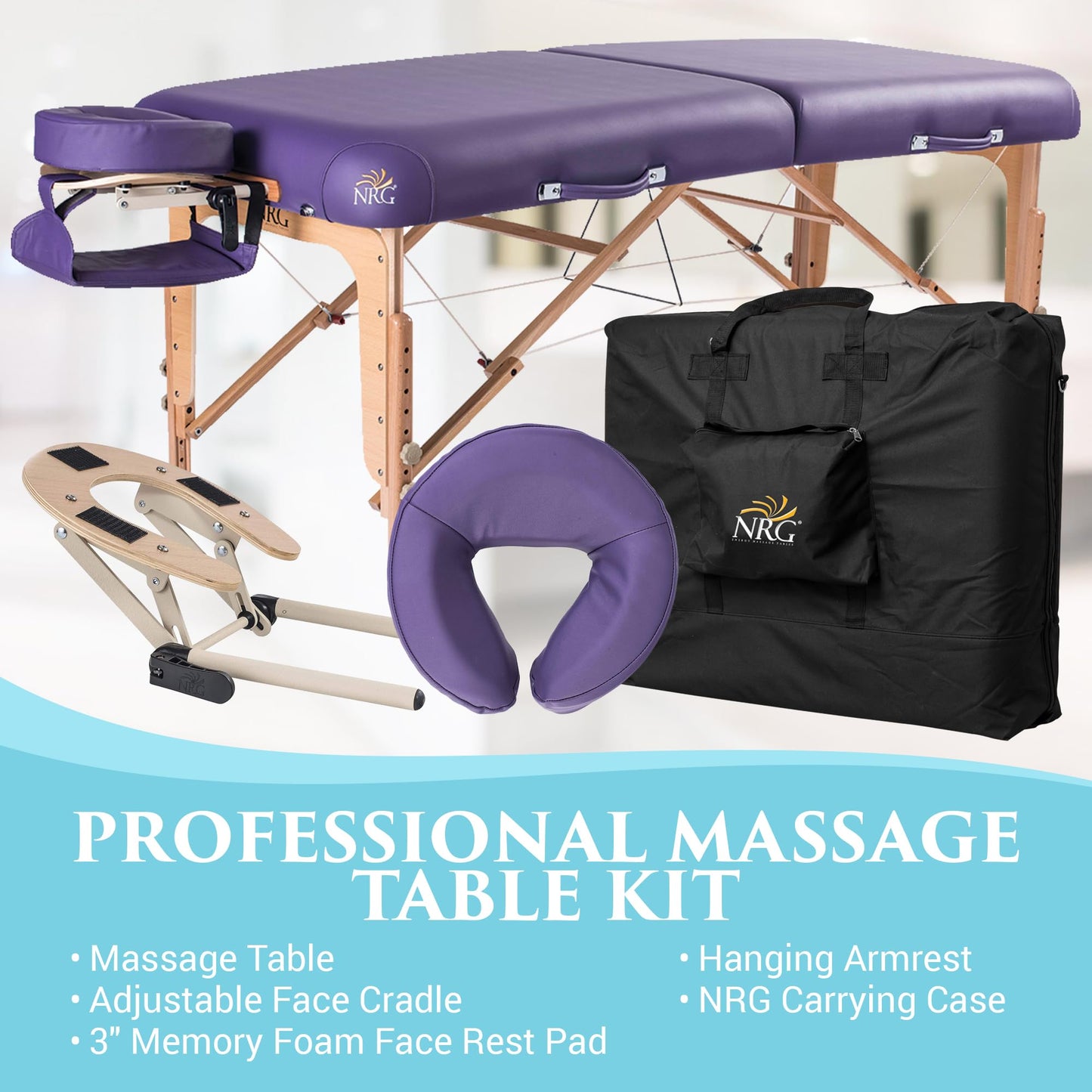 NRG Vedalux Portable Massage Table Package | Purple | Folding Lightweight Massage Bed | Professional Spa Table with Face Cradle, Hanging Armrest & Carrying Case