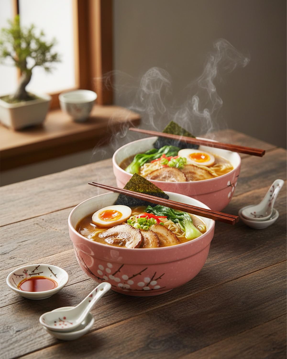 Zitonyang Ceramic Ramen Bowl, 2 Pack 27 Oz Ramen Bowl With Lid Japanese Soup Bowls With Lid Korean Soup Bowls For Noodles, Porridge, Rice, Dishwasher Safe (Pink, Griege)