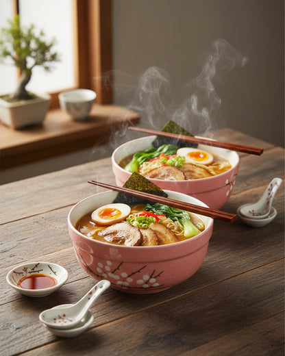 Zitonyang Ceramic Ramen Bowl, 2 Pack 27 Oz Ramen Bowl With Lid Japanese Soup Bowls With Lid Korean Soup Bowls For Noodles, Porridge, Rice, Dishwasher Safe (Pink, Griege)