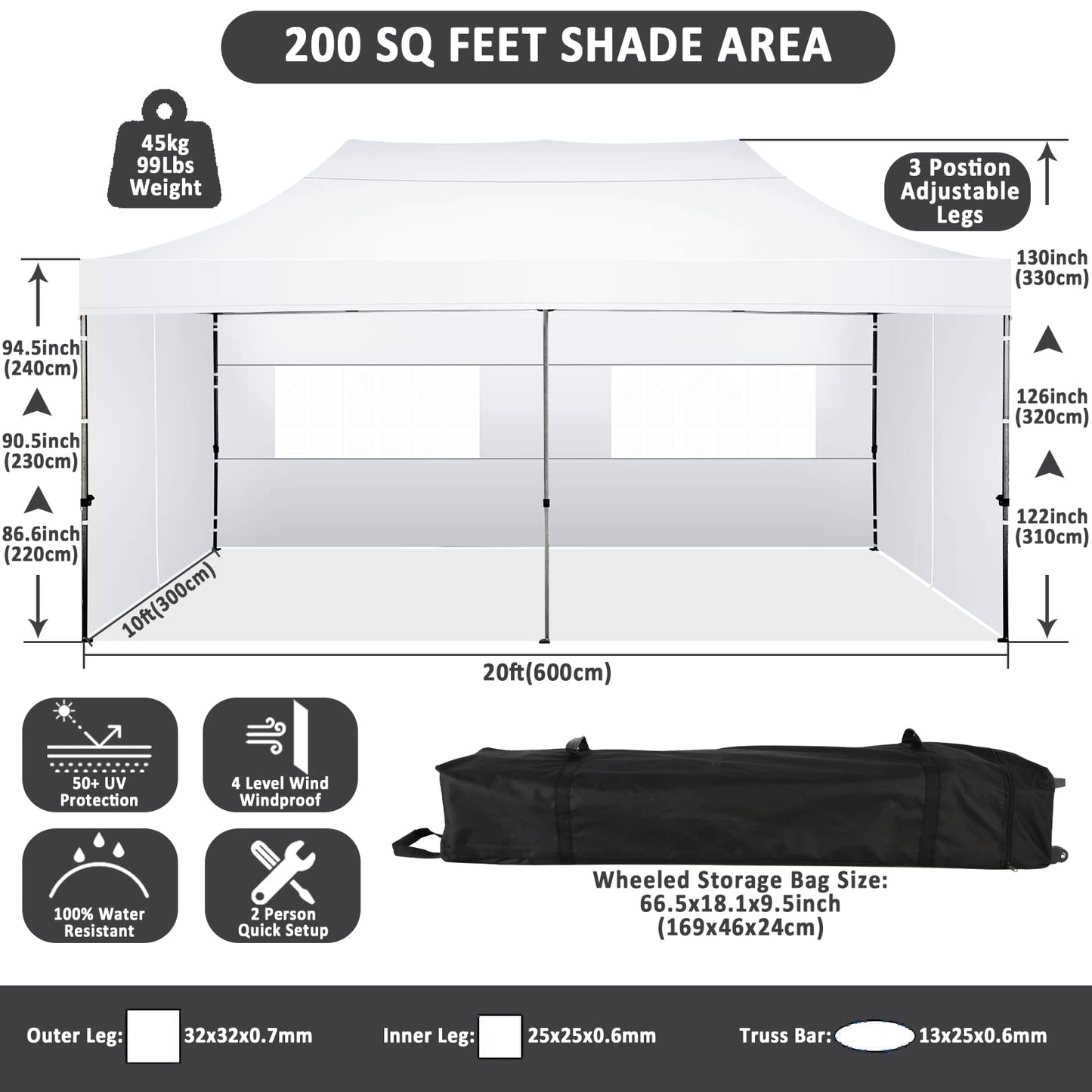 COBIZI 10x20 Pop Up Canopy with 6 Sidewall,Heavy Duty Canopy UPF 50+ All Season Wind Waterproof Commercial Outdoor Wedding Party Tents for Parties Gazebo with Roller Bag(10 x 20 ft Snow White)