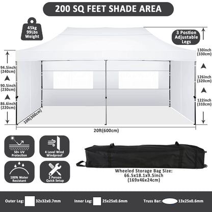 COBIZI 10x20 Pop Up Canopy with 6 Sidewall,Heavy Duty Canopy UPF 50+ All Season Wind Waterproof Commercial Outdoor Wedding Party Tents for Parties Gazebo with Roller Bag(10 x 20 ft Snow White)