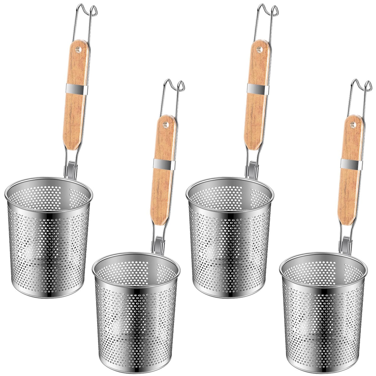 Tessco 4 Pcs Pasta Strainer, 4.7" x 5.2'' Stainless Steel Pasta Basket Mesh Cooker with Wood Handle, Spider Strainer Kitchen Skimmer for Food Dumpling Noodle Blanching(Light Color)