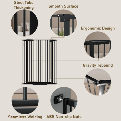 WAOWAO 40.55" Extra Tall 1.37" Ultra Narrow Spacing 69.49-77.36" Extra Wide Dogs Pets Baby Gate Safety Indoor Puppy Pressure Mounted Gate No Drill Black Metal for Stairs,Doorways,Kitchen,Hallway