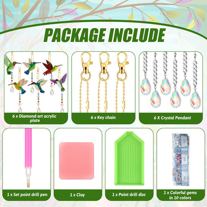 Tradder 6 Pcs Diamond Art Painting Hummingbird Wind Chimes Birds Art Kits for Adults 2026 Vacation Bible School Jungle Birds Craft Summer Suncatchers 5d DIY with Pendant for Home Window Decor Garden