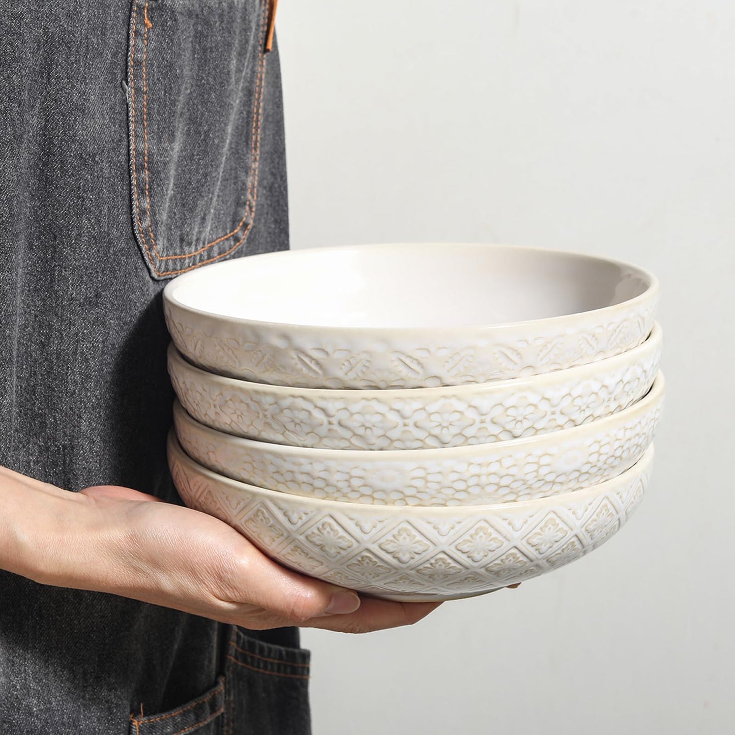 Feenmai 8" Ceramic Pasta Bowls, 22 Oz Serving Bowls Set of 4, Porcelain Shallow Soup Bowl, Embossed Serving Dishes for Pasta, Fruit, Salad, Housewarming Gift, Dishwasher Safe