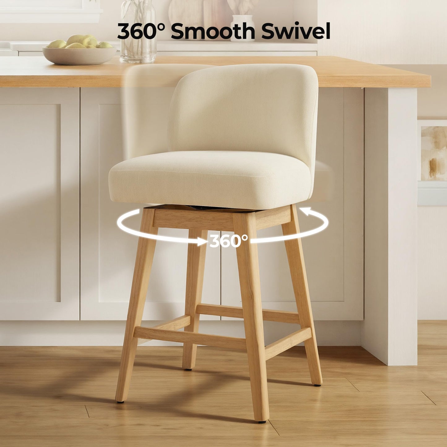 CHITA 26.8" Swivel Counter Height Bar Stools, Modern Upholstered Counter Stools with Back and Wood Legs for Kitchen Island, Home Bar, Set of 2, Cream Fabric