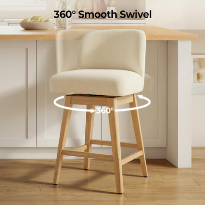 CHITA 26.8" Swivel Counter Height Bar Stools, Modern Upholstered Counter Stools with Back and Wood Legs for Kitchen Island, Home Bar, Set of 2, Cream Fabric