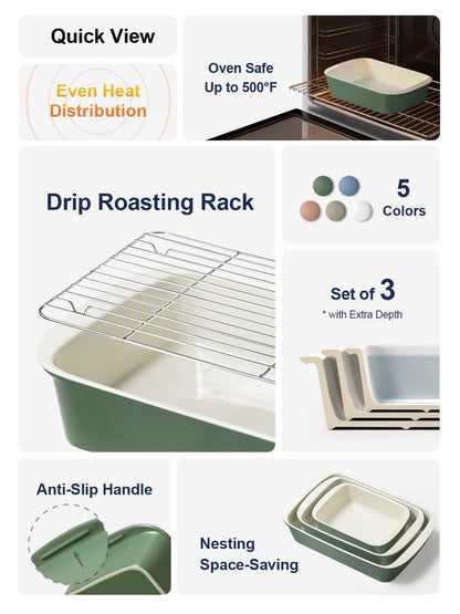 LE TAUCI Deep Casserole Dishes for Oven, 13.7”x9.6” Ceramic Baking Dish Set with Roasting Racks, Large Lasagna Pans with Handles, Rectangular Bakeware as Gift for Mom, Forest Green (4.6QT/3.0QT/1.6QT), Set of 3