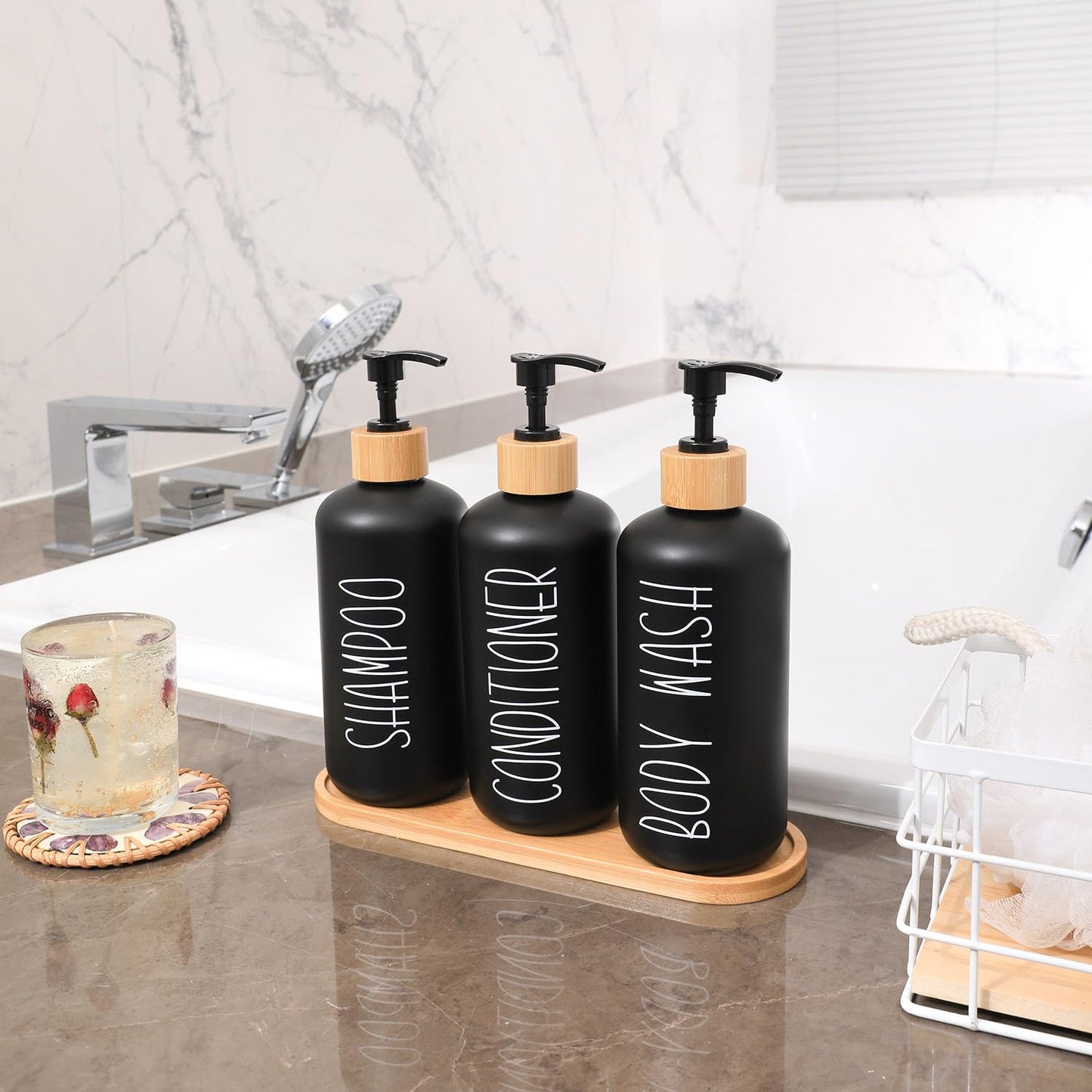 MOMEEMO Black Shower Soap Dispenser Set, Contains 3 Extra-Thick PET Plastic Bottles with Bamboo Pumps, Shampoo Bottles Refillable with Pump Perfect for Guest Room Must Haves. (Black)