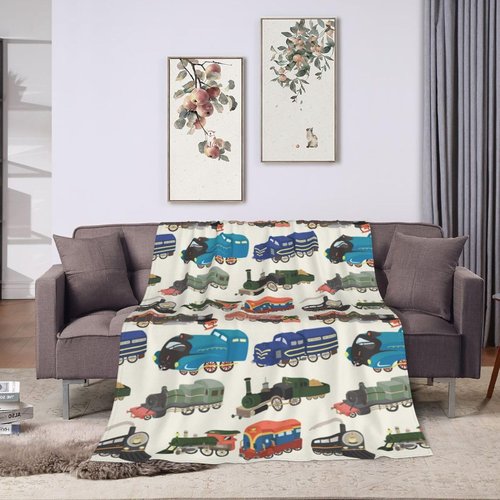Cute Cartoon Train Theme Flannel Throw Blanket for Kids Boys Baby Toddler Teens Gifts Soft Warm Bedroom Throws for Home Couch Room Sofa Office Travel Camping Dorm Decor 60x50 Inch