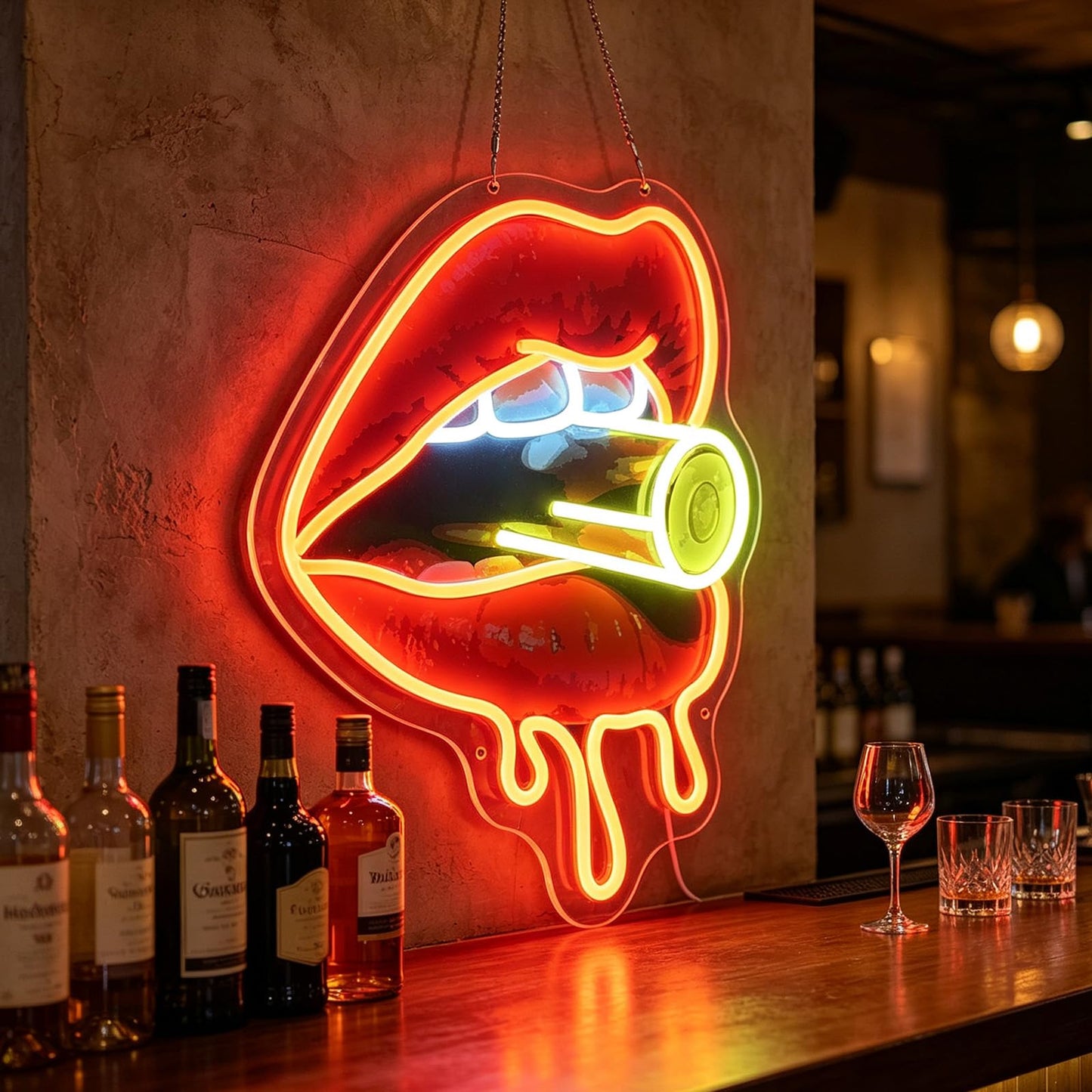 Red Lips Neon Sign, Dimmable LED Sign for Wall Decor, Sexy Lips Light Up Sign for Bedroom Makeup Room Bar Club Party, 15.9 x 12.6" Vibrant UV Print Acrylic Art Neon Lights for Wall, USB Powered