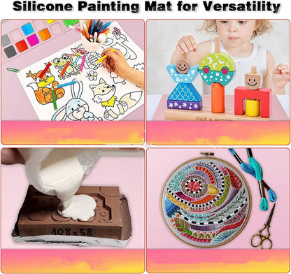 Silicone Painting Mat Art Mat with Cup Craft Paint Brush Cleaner Tool Artist for Kids Gift Clay DIY Creations Paint Tray Palette Craft Mats to Protect Table for Work Art Supplies (Orange)