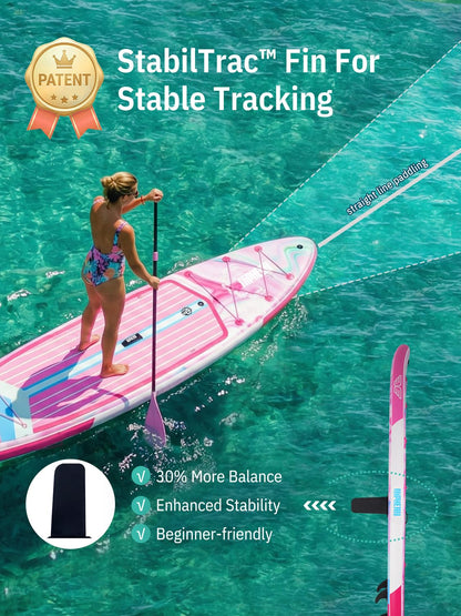 Niphean (Extra Large) Inflatable Paddle Board, SUP for 2+1 People/Family 500lbs Capacity Stand Up Paddle Board with SUP Accessories, StabilTrac Fin Non-Slip Paddleboard for Adults-Rose Red