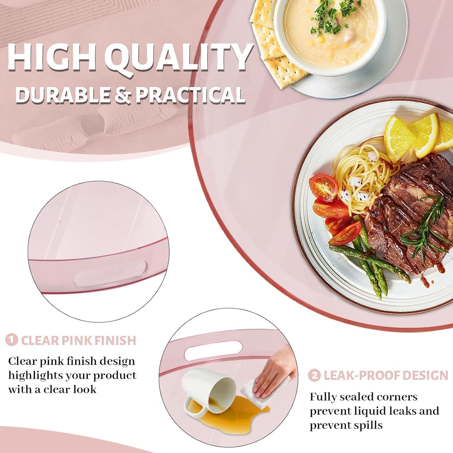 13" MAONAME Clear Round Serving Tray with Handles, Plastic Clear Tray, Round Pink Decorative Trays for Coffee Table