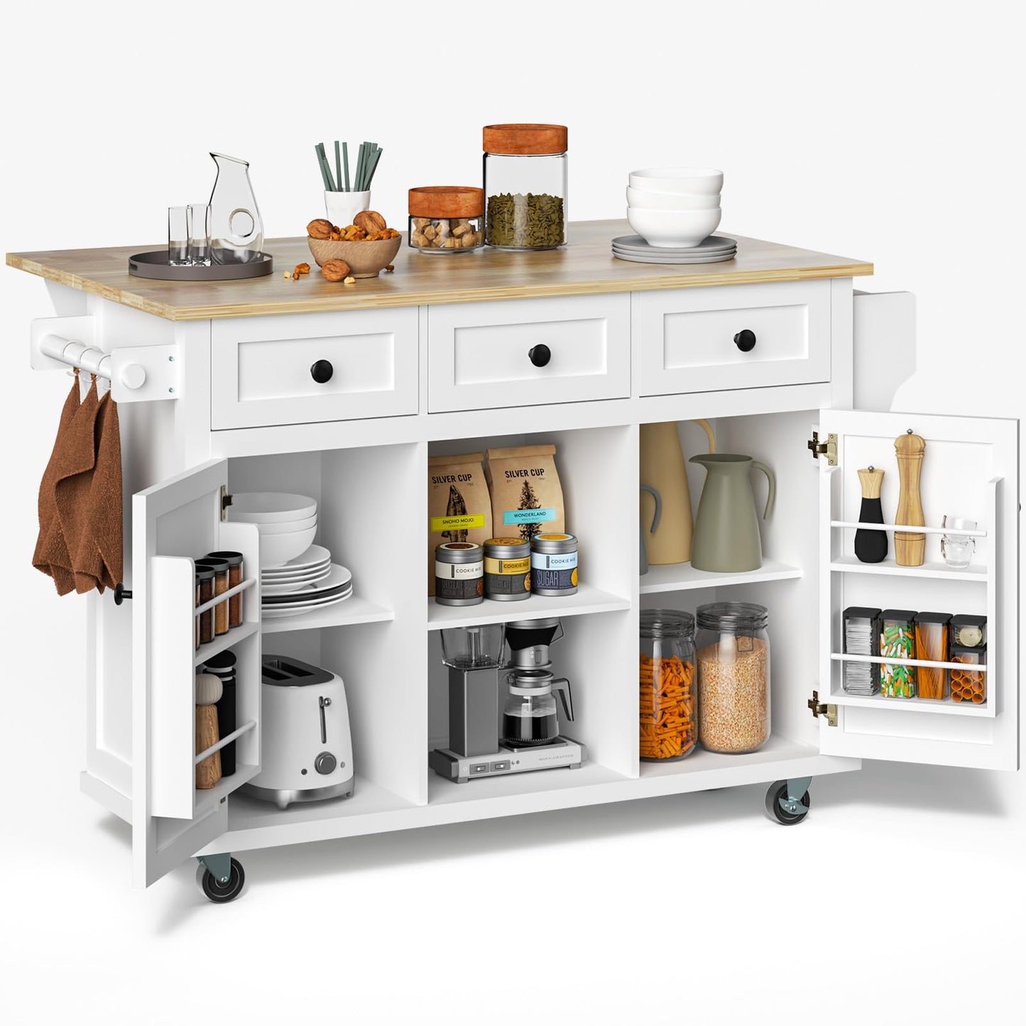 Rovibek Kitchen Island with Drawers 53 in Rolling Island Cart Mobile Solid Wood Portable Islands on Wheels with Storage Cabinet & Drawers, White