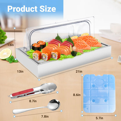 Countertop Ice Food Serving Display Tray with 1 Pan, Portable Salad Bar Buffet Station, Stainless Steel Cold Food Buffet Server with Clear Roll Top Cover, Chilled Serving Tray for Home Party Buffet