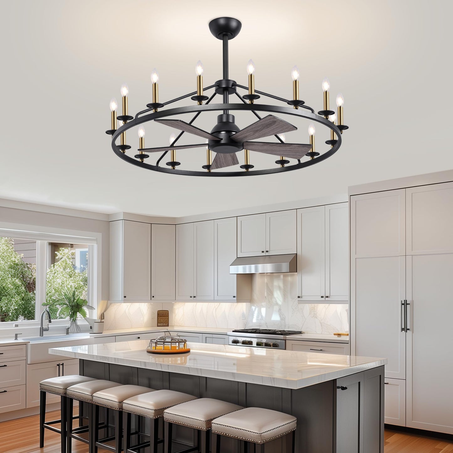 44" Wagon Wheel Chandelier with Fans, Black and Gold Wagon Wheel Ceiling Fan with 16-Light and Remote, Farmhouse Chandelier for Living Room, Adjustable Height, 6-Speed Reversible Quiet Large Fandelier