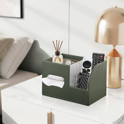 Fanousy Modern PU Leather Cube Tissue Box Cover with Storage Tray, Multifunctional Remote Control Holder & Facial Tissue Dispenser Organizer for Nightstand, Bathroom, Bedroom, Office & Home Decor
