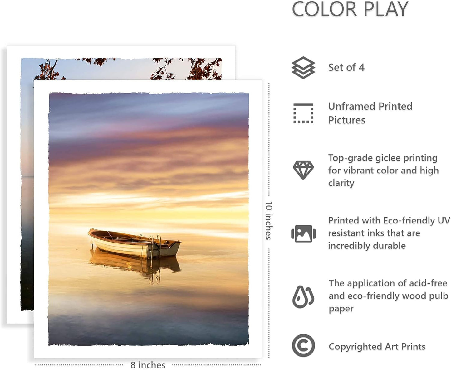 Color Play Lake Scene Wall Art - Sunset Nature Landscape Prints, Unframed 8x10 Inch 4 Piece Decor
