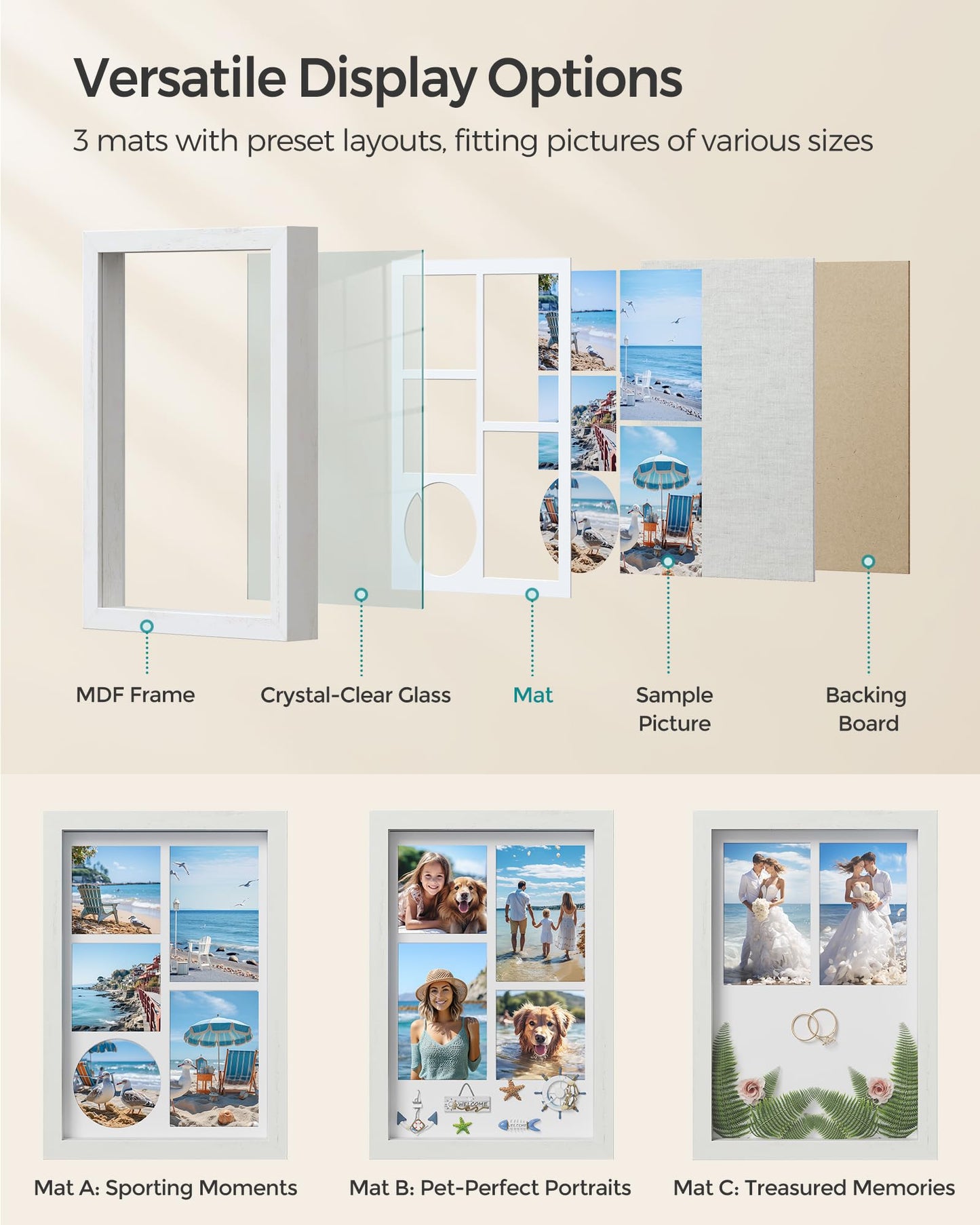 SONGMICS Shadow Box Frame, Set of 2, 1.3-Inch Deep Memory Display Case for Desk Wall Decor, Box Picture Photo Frame with 8 Wood Push Pins, 6 Mats, 3 Non-Trace Nails, Gift, Rustic White