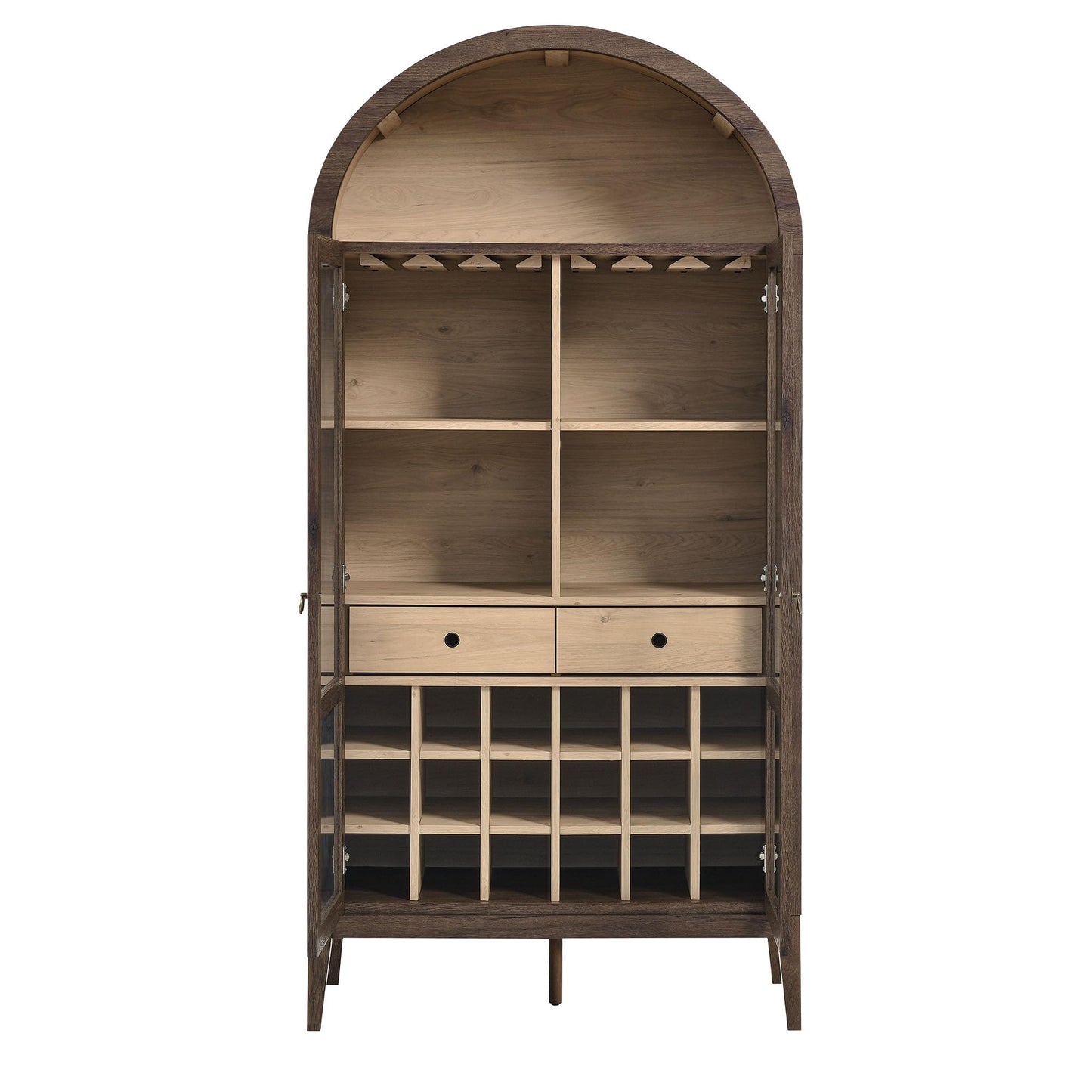 Modway Nolan Modern Farmhouse Arched Bar Cabinet in Dark Walnut Wood Grain - 72 Inch Tall Wine Storage Cabinet with Glass Doors and Wine Rack - Large Liquor Cabinet for Dining or Living Room
