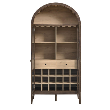 Modway Nolan Modern Farmhouse Arched Bar Cabinet in Dark Walnut Wood Grain - 72 Inch Tall Wine Storage Cabinet with Glass Doors and Wine Rack - Large Liquor Cabinet for Dining or Living Room