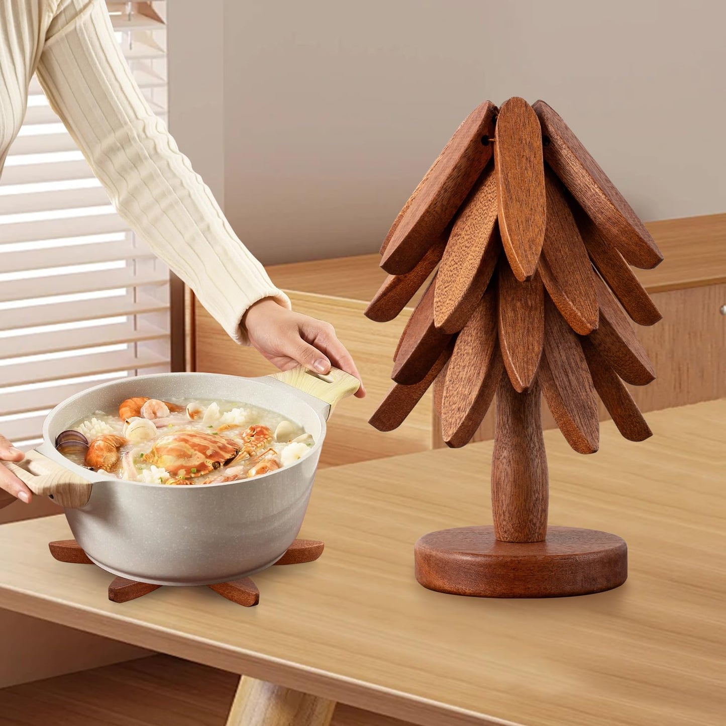 Vertdens Wooden Trivets for Hot Dishes, Hot Dish Coaster with Tree-Shaped Wood Collapsible Hot Pad Trivet Tree for Restaurant, 4 Wooden Trivet + 1 Stand（Walnut Wood）