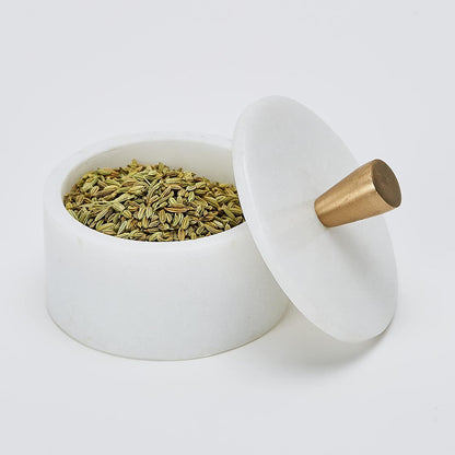 Queenza White Marble Salt Cellar with Lid and Brass Knob, 3 Inch Salt and Pepper Bowls, Kosher Salt Holder for Gifts
