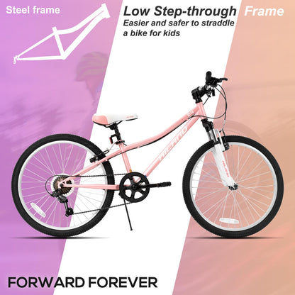 HH HILAND 24 Inch Mountain Bike for Kids Age 7-15 Year Old, Front Suspension Fork Kids' Bicycles for Boys Girls Pink