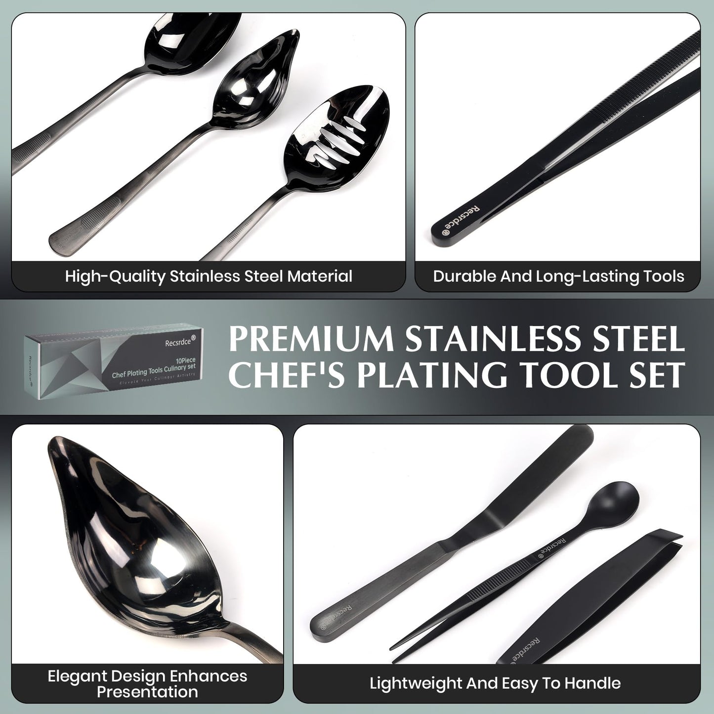 Recsrdce 9-Piece Professional Culinary Plating Set, Black Stainless Steel Chef Tools with Storage Roll & Cleaning Cloth, Ideal for Food Presentation & Fine Dining
