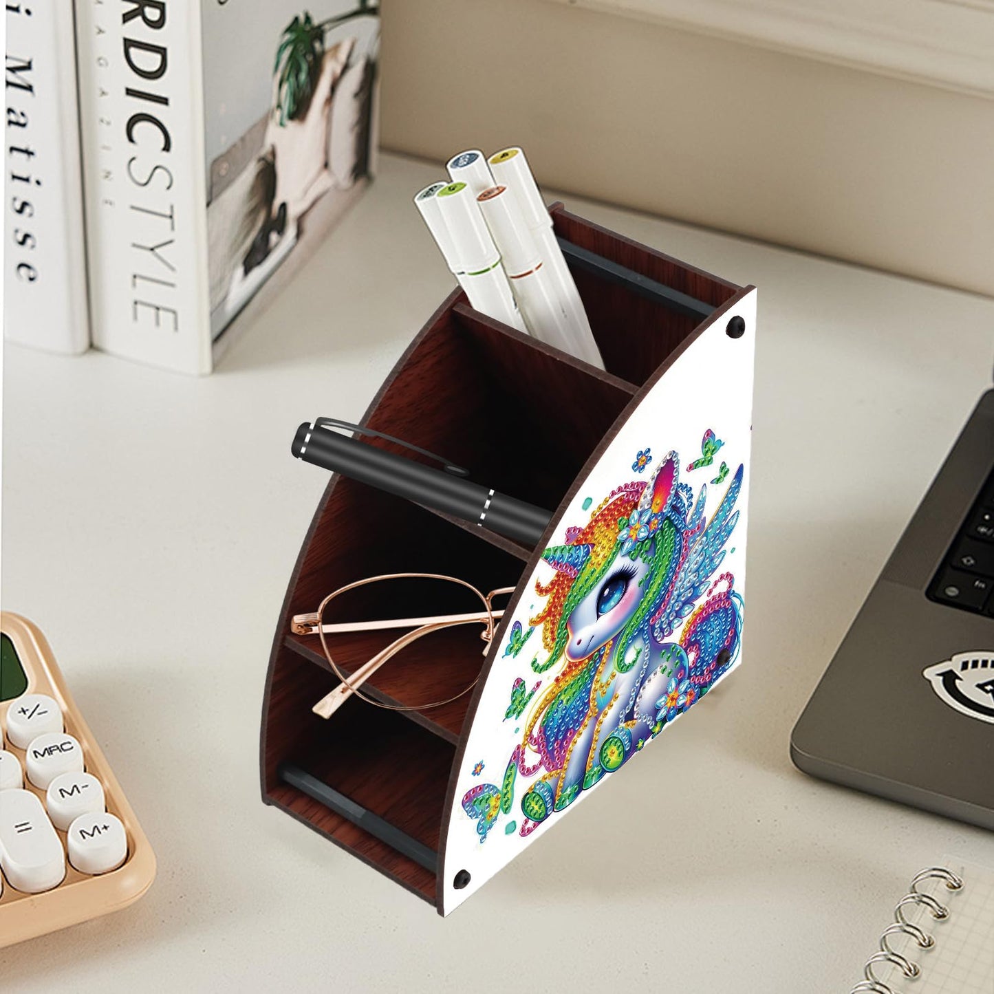 AiYuanzsh Diamond Art Painting Wooden Organizer Box – Animal DIY Multi-Grid Storage for Makeup Brushes, Remotes & Office Supplies – Double-Sided Drill Tabletop Décor for Adults
