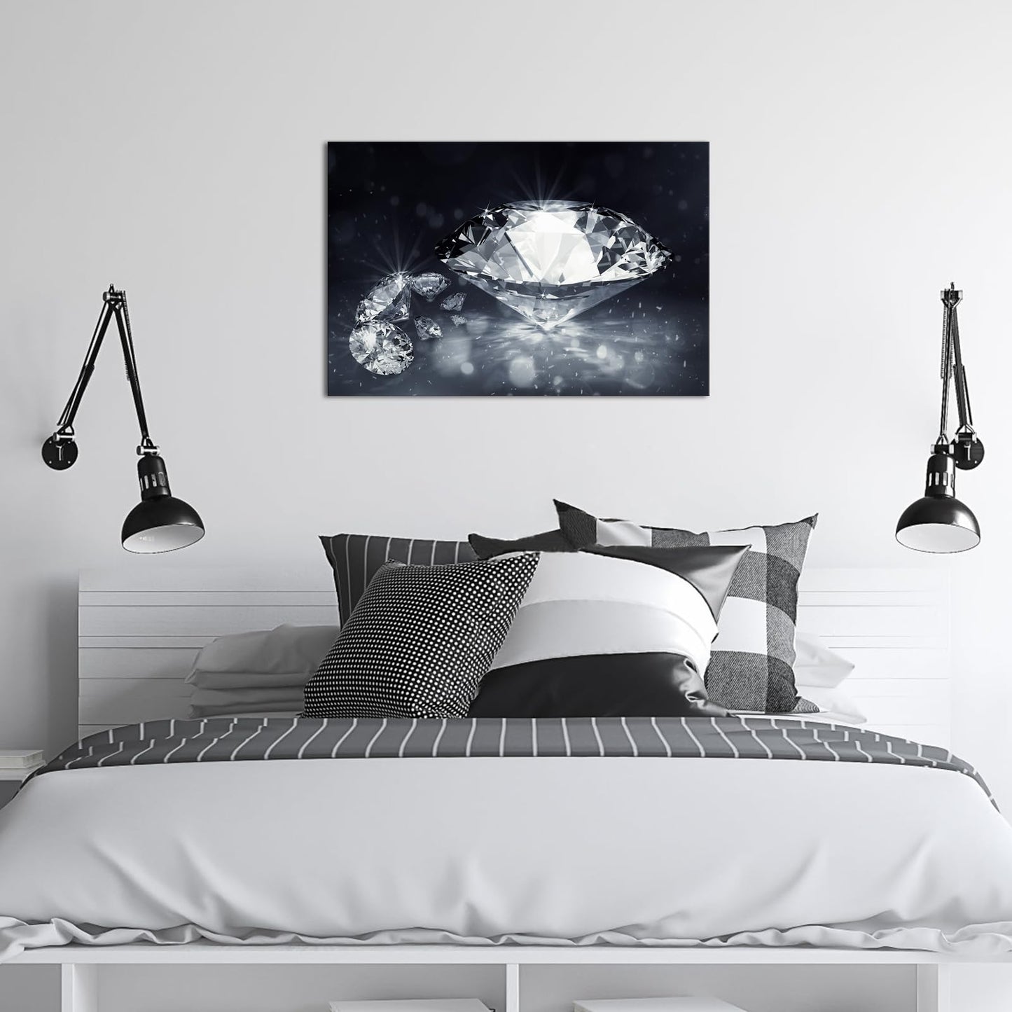 Biuteawal Diamond Wall Art Black White Canvas Print Shining Diamonds Painting Fashion Picture Modern Artwork Home Decor for Living Room Bedroom Bathroom Framed Ready to Hang