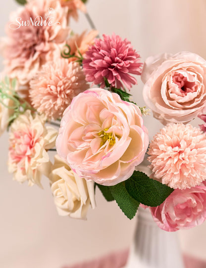 SWNAWE Pink Flowers Artificial Roses Combo Set Fake Pink Silk Flowers Faux Peony Flowers Mix Chrysanthemum Dahlia with Stems for Wedding Bouquets Baby Bridal Shower Party Floral Arrangements Decor